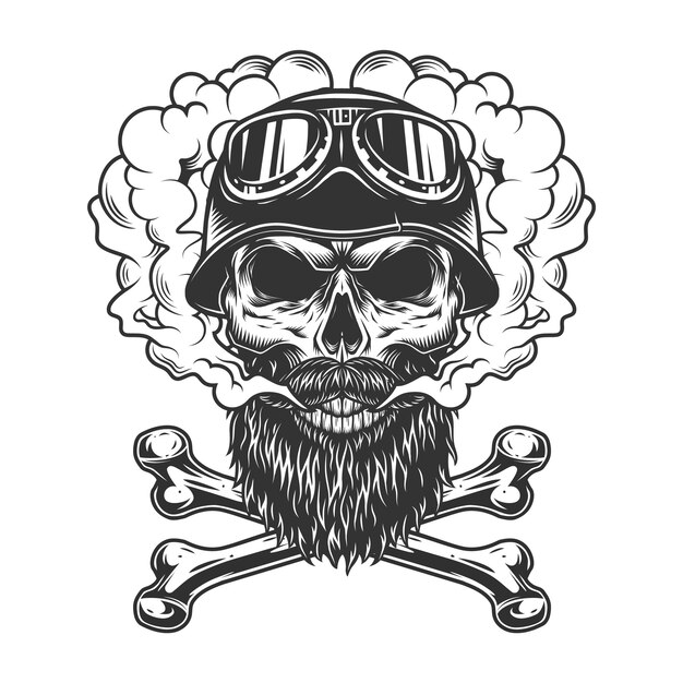 Monochrome biker skull in smoke cloud