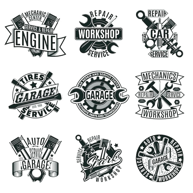 Monochrome car repair service logos set