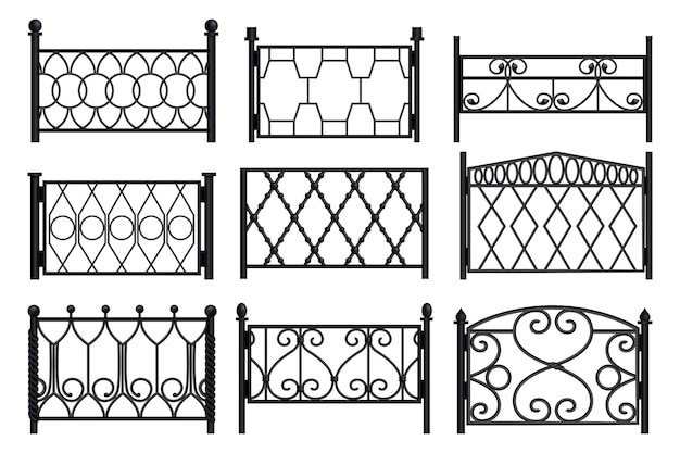 Free vector monochrome collection of balcony railing modular sections from forged metal isolated on white background realistic vector illustration