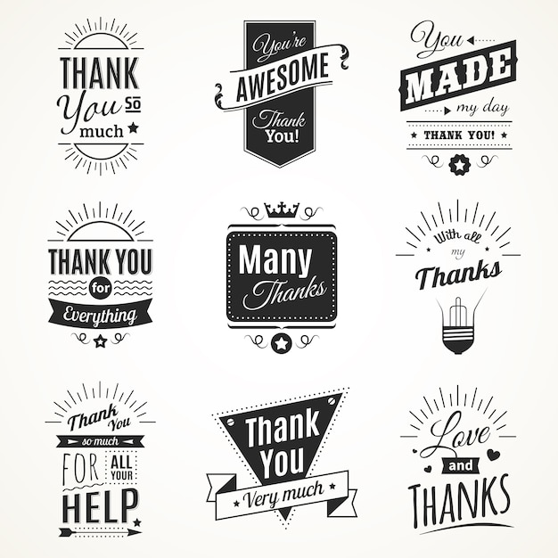 Monochrome collection of nine vintage thank you signs with sun light elements in retro font style isolated vector illustration