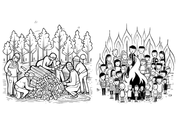 Free vector monochrome depicting people around a wood fire design