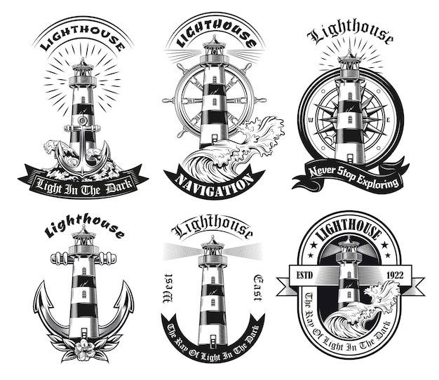 Free vector monochrome emblems with lighthouse set