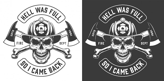 Free vector monochrome fireman prints template with inscriptions skull in firefighter helmet in vintage style illustration