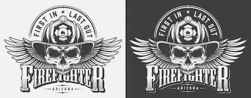 Free vector monochrome fireman prints template with inscriptions skull in firefighter helmet in vintage style illustration