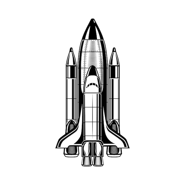 Бесплатное векторное изображение Монохромная летающая ракета векторные иллюстрации. старинный космический корабль для рекламной этикетки. концепция исследования галактики и космоса может быть использована для ретро-шаблона, баннера или плаката