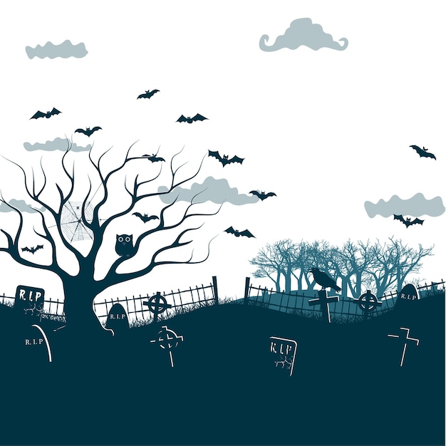 Free vector monochrome halloween night illustration in black, white, grey colors with dark cemetery crosses, dead tree and bats