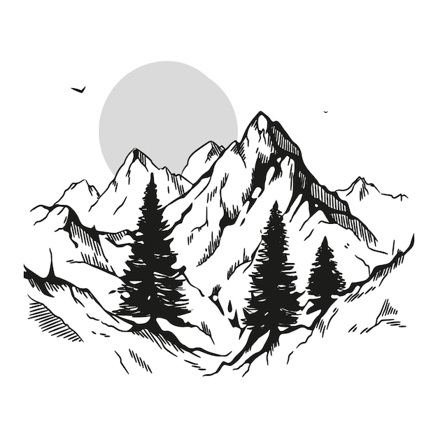 Free vector monochrome hand drawn mountain outline illustration