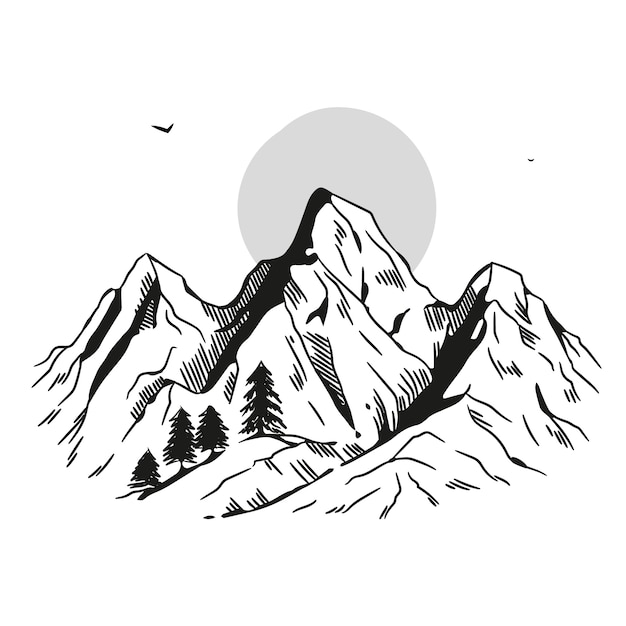 Vettore gratuito illustrazione del profilo della montagna disegnata a mano monocromatica