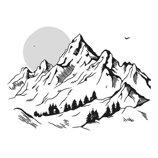 Monochrome hand drawn mountain outline illustration
