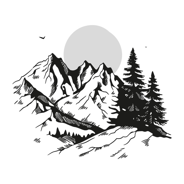 Монохромная ручная иллюстрация контура горы