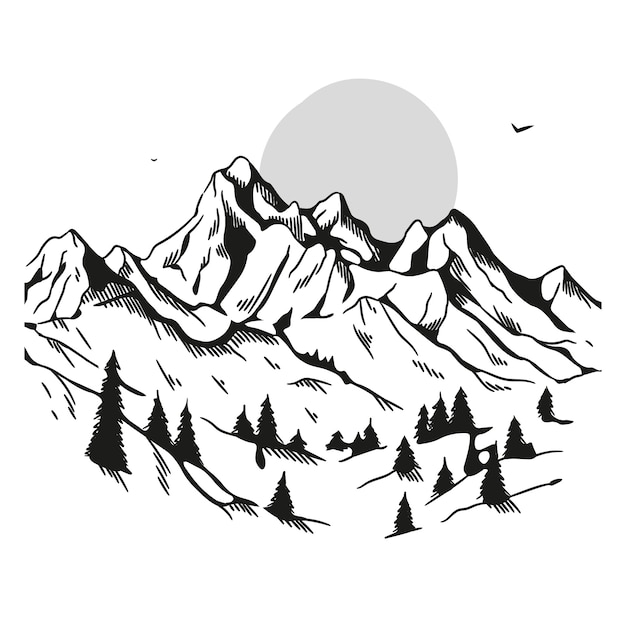 Vettore gratuito illustrazione del profilo della montagna disegnata a mano monocromatica