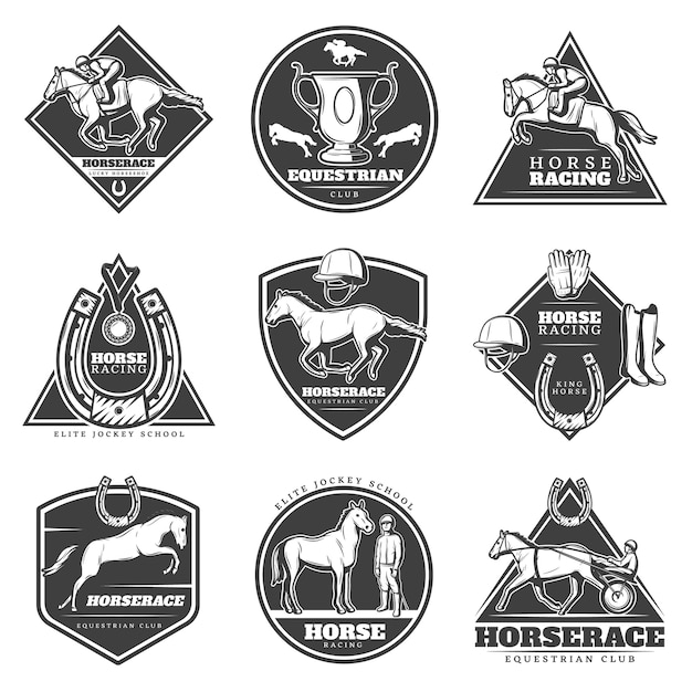 Monochrome horse racing logo set