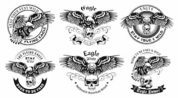 Free vector monochrome labels with eagle and skull illustration set