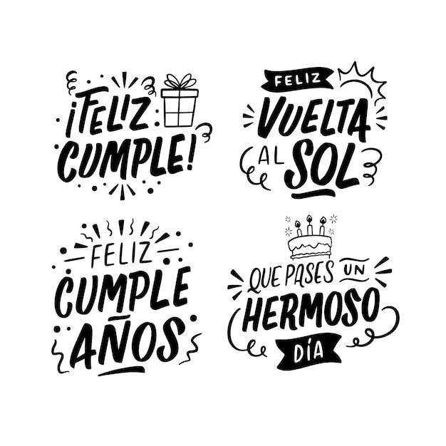 스페인어 스티커 컬렉션의 흑백 글자 생일 문구