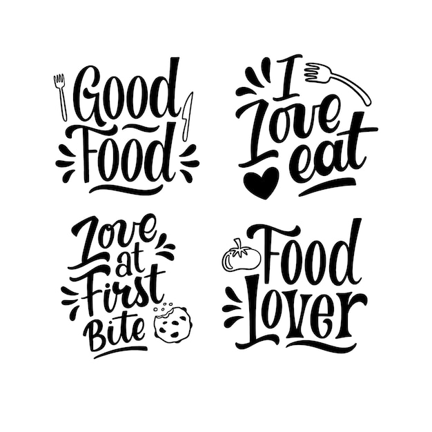 Free vector monochrome lettering foodie stickers collection