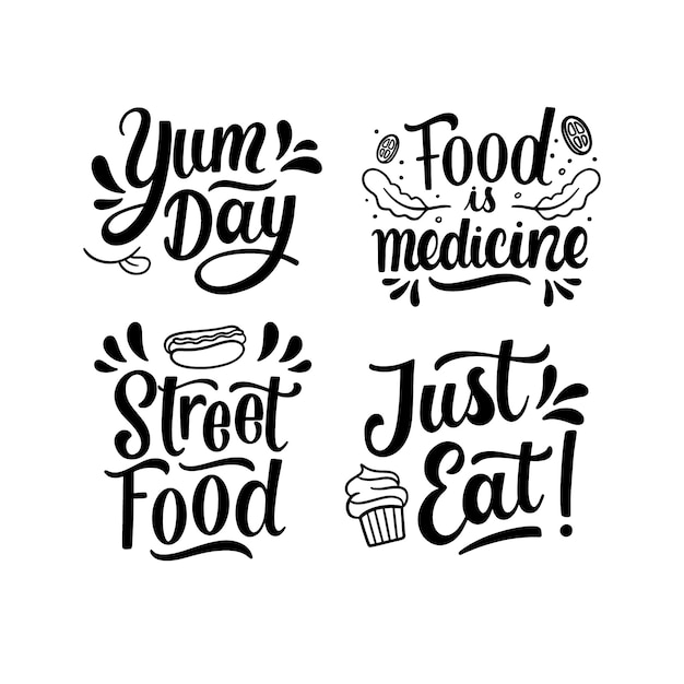 Free vector monochrome lettering foodie stickers collection