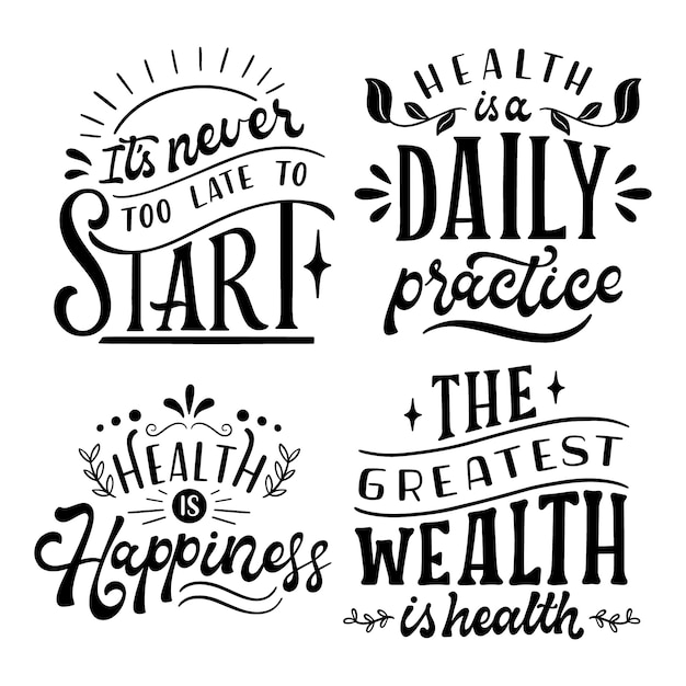 Free vector monochrome lettering healthy lifestyle stickers collection