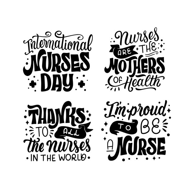 Коллекция наклеек на международный день медсестер с монохромными надписями