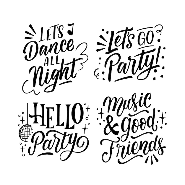 Monochrome lettering party stickers collection