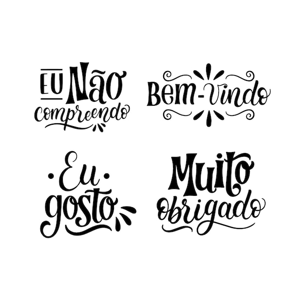 Free vector monochrome lettering portuguese stickers collection