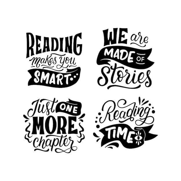 Free vector monochrome lettering reading stickers collection