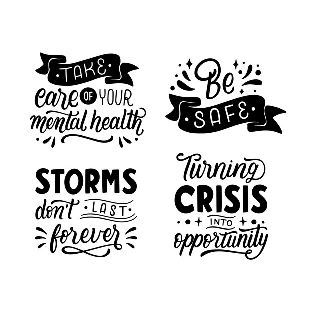 Monochrome lettering self-care stickers collection