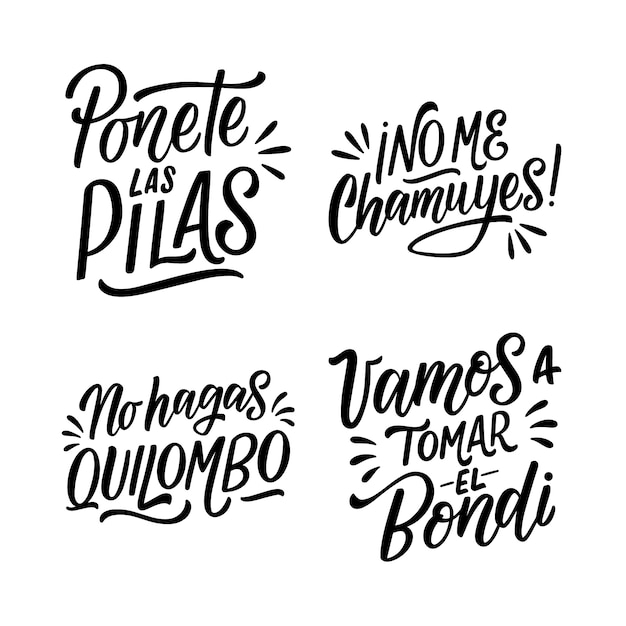 Monochrome lettering spanish words and phrases stickers collection