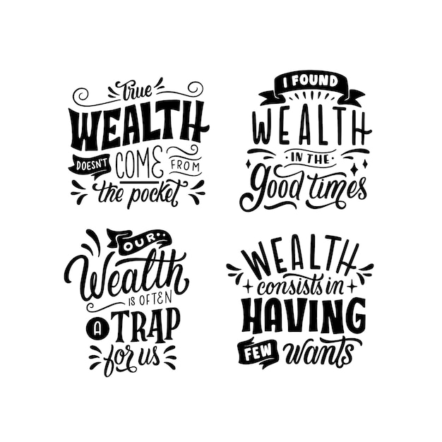 Monochrome lettering wealth stickers collection