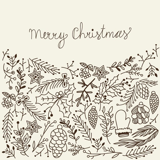 monochrome Merry Christmas card traditional elements on gray
