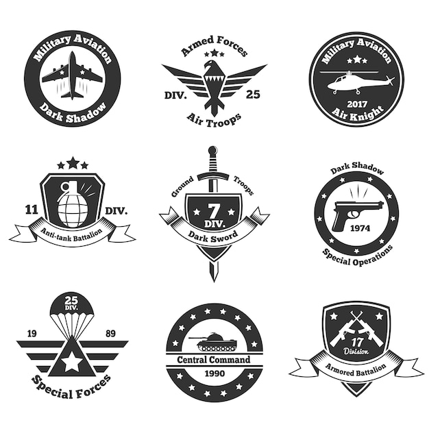 Vettore gratuito set di emblemi militari monocromatici