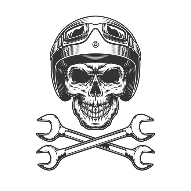 Monochrome motorcyclist skull in moto helmet