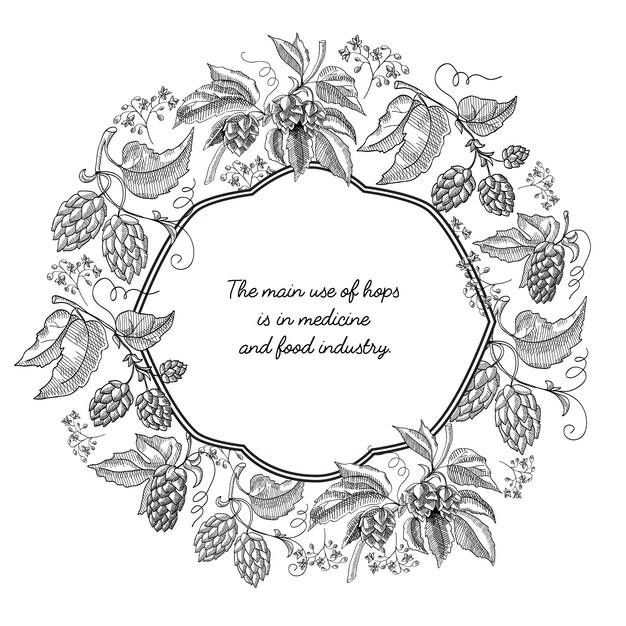 Monochrome ornately shaped frame card with hop elements and floral decorative squiggles on white