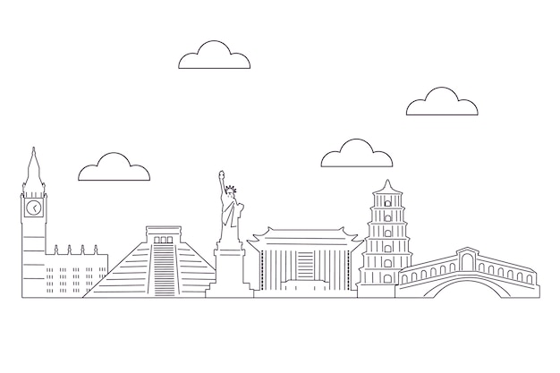 Free vector monochrome outline landmarks skyline