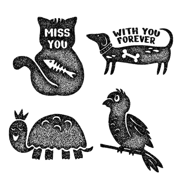 Free vector monochrome pet animals stickers collection