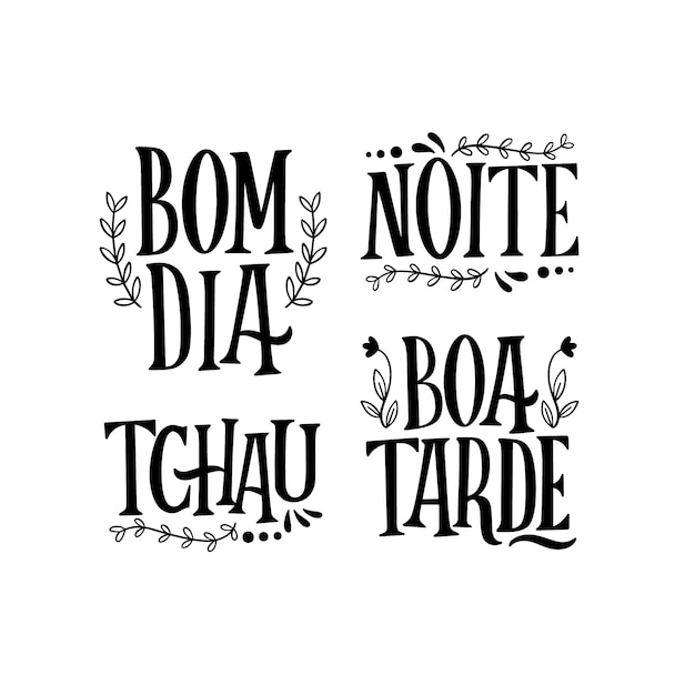 Free vector monochrome portuguese lettering stickers collection