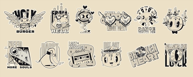 Free vector monochrome retro stickers set isolated on beige