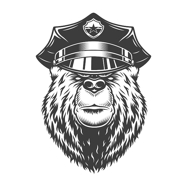 警察の帽子のモノクロの深刻なクマ