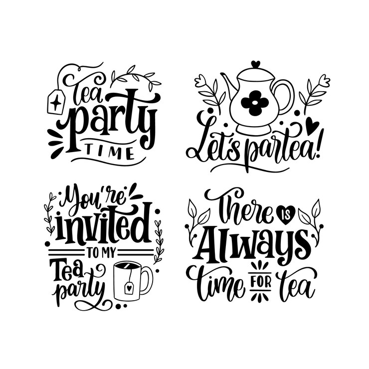 Free Vector monochrome tea party stickers collection
