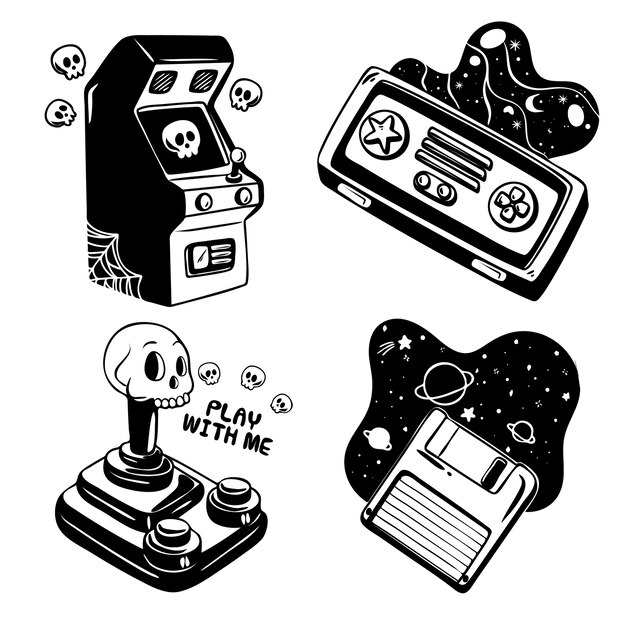 Monochrome video gaming stickers collection