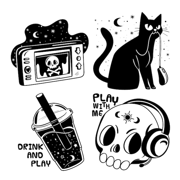 Free vector monochrome video gaming stickers collection