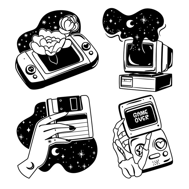 Free Vector monochrome video gaming stickers collection