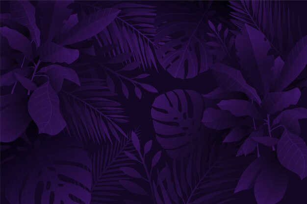 Monochrome violet realistic dark tropical leaves background