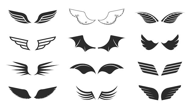 モノクロの翼セット。飛行のシンボル、黒い形、パイロットの記章、航空パッチ。白い背景に分離されたベクトルイラストコレクション