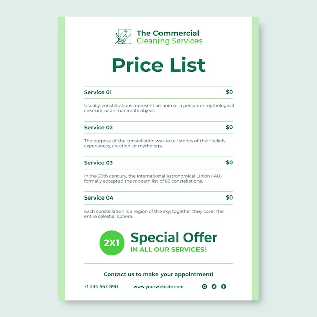 Free vector monocolor the commercial cleaning services price list