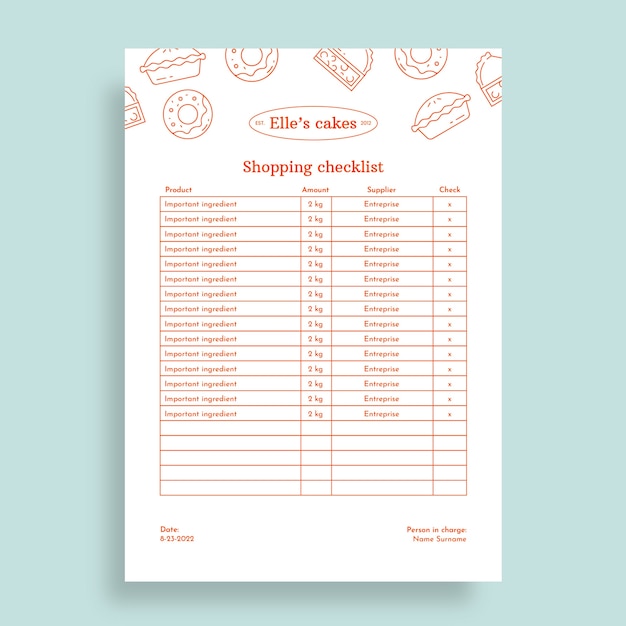 Free vector monocolor elle cakes bakery shopping checklist