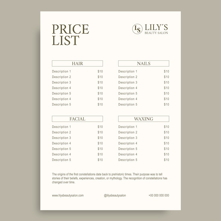 Free Vector monocolor lily's beauty salon price list template
