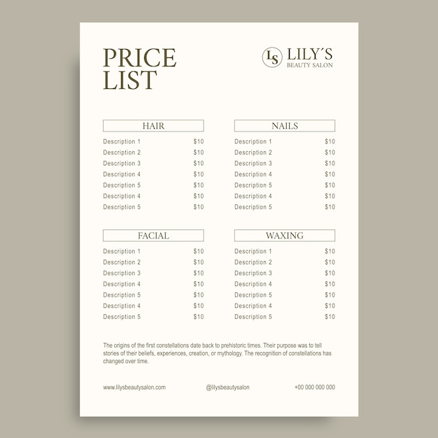 Monocolor lily's beauty salon price list template