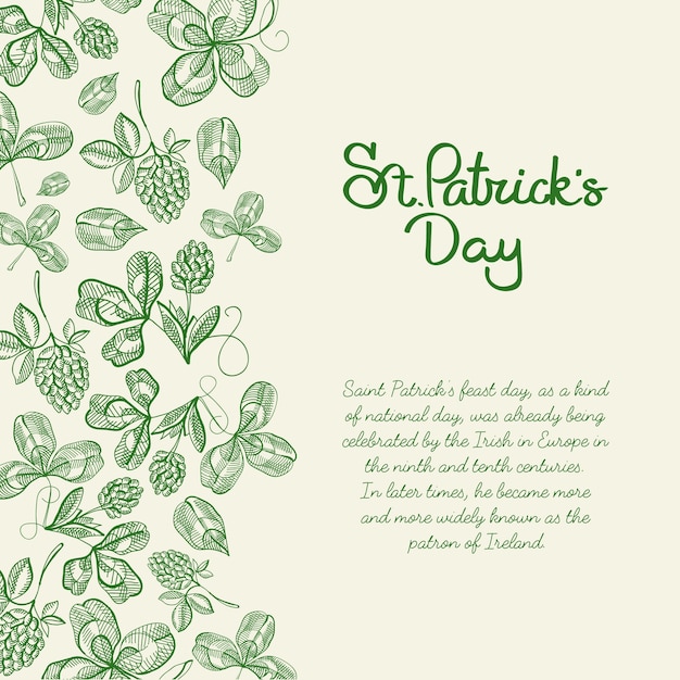 Monotone decorative design sketch card hand drawn with lettering about st. patricks day on right with hop twigs and clover