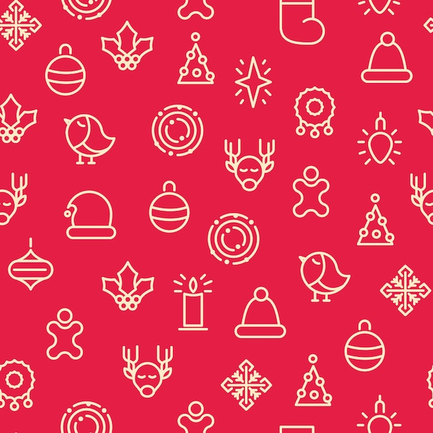 Monotone Merry Christmas symbols seamless pattern with different kinds of gifts and holly toys