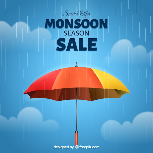 Vettore gratuito composizione di vendita dei monsoni con ombrello realistico